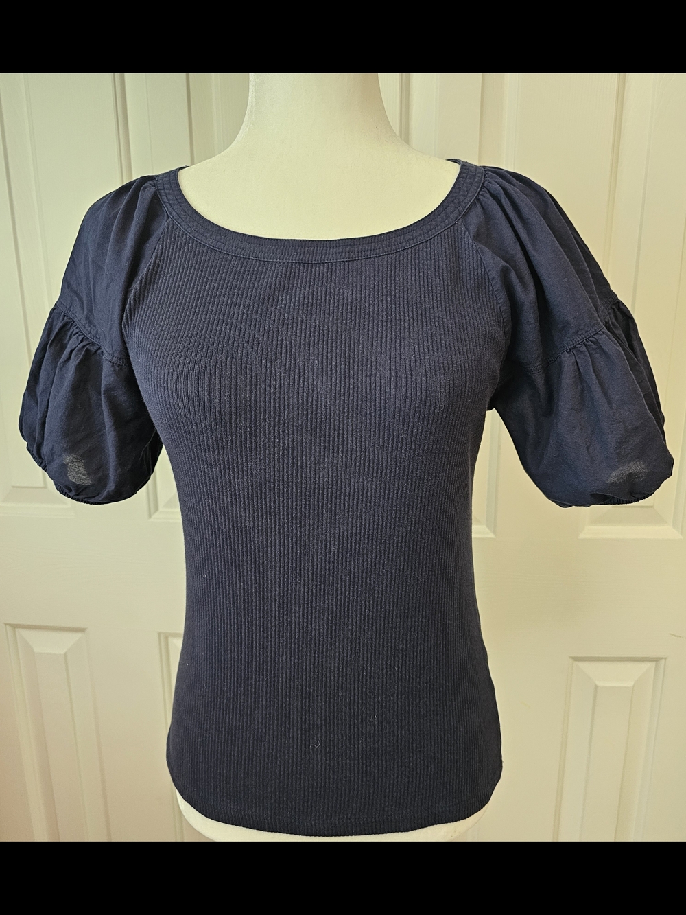 J. Crew Navy Ribbed Puff-Sleeve Tee